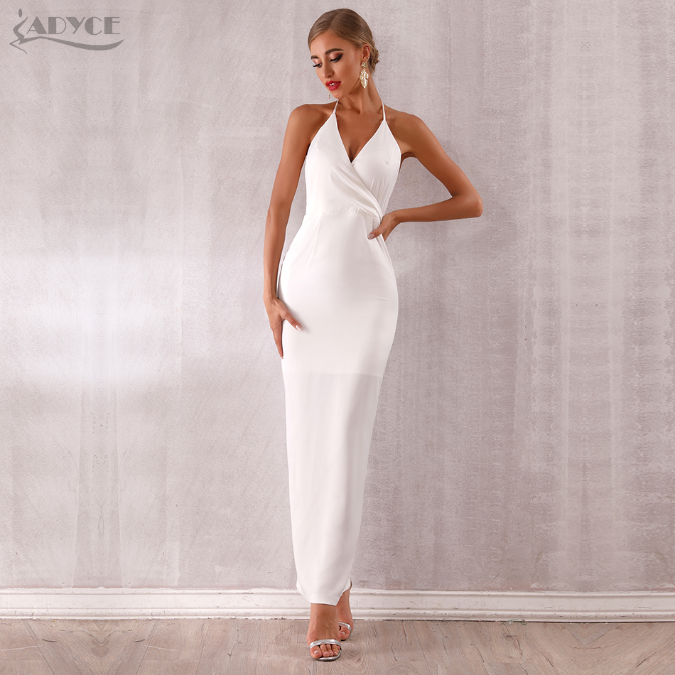   New Summer Maxi Celebrity Evening Party Dress Women Vestidos Halter Sexy V Neck Backless Sleeveless White Club Dress