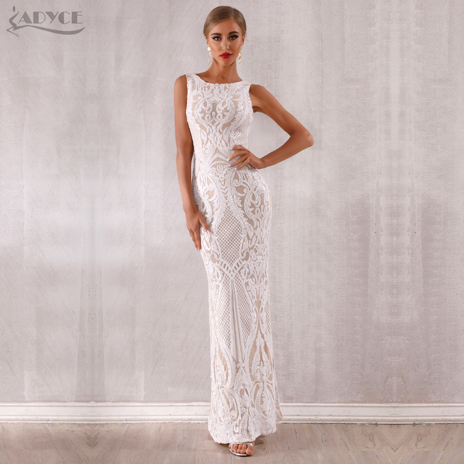   New Arrival Luxury Sequined Maxi Celebrity Evening Runway Party Dress Vestidos Sexy Sleeveless White Tank Club Dress