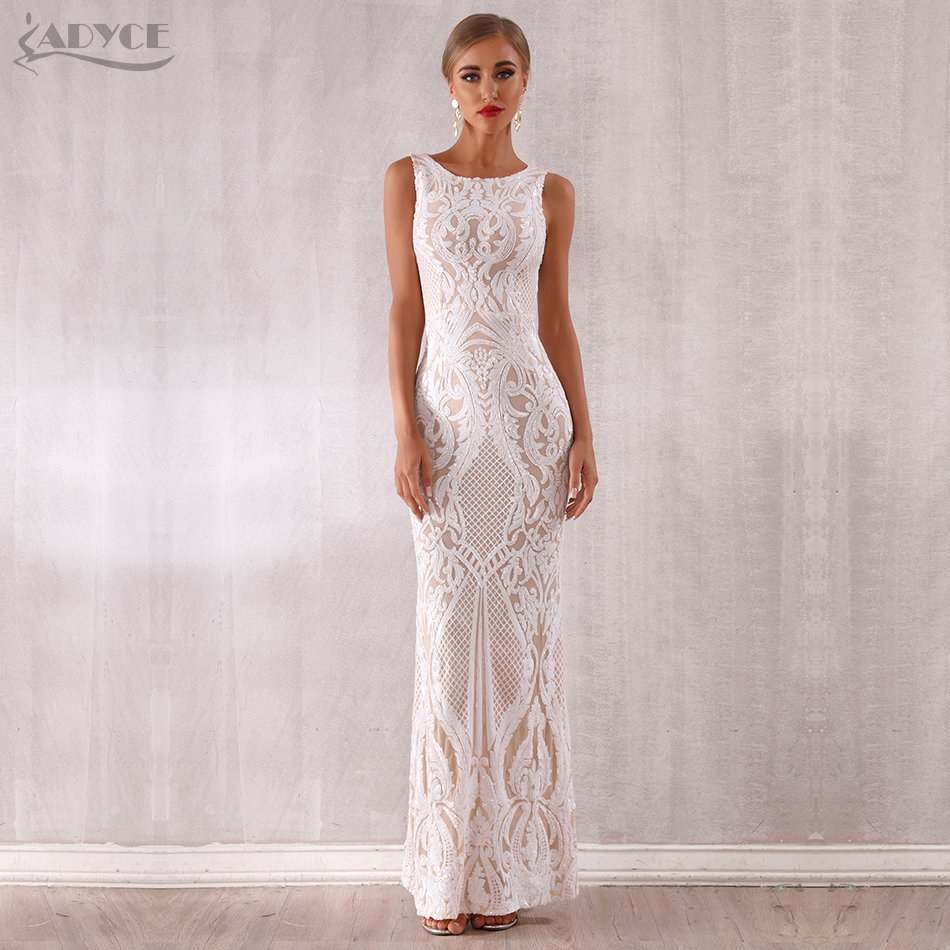   New Arrival Luxury Sequined Maxi Celebrity Evening Runway Party Dress Vestidos Sexy Sleeveless White Tank Club Dress