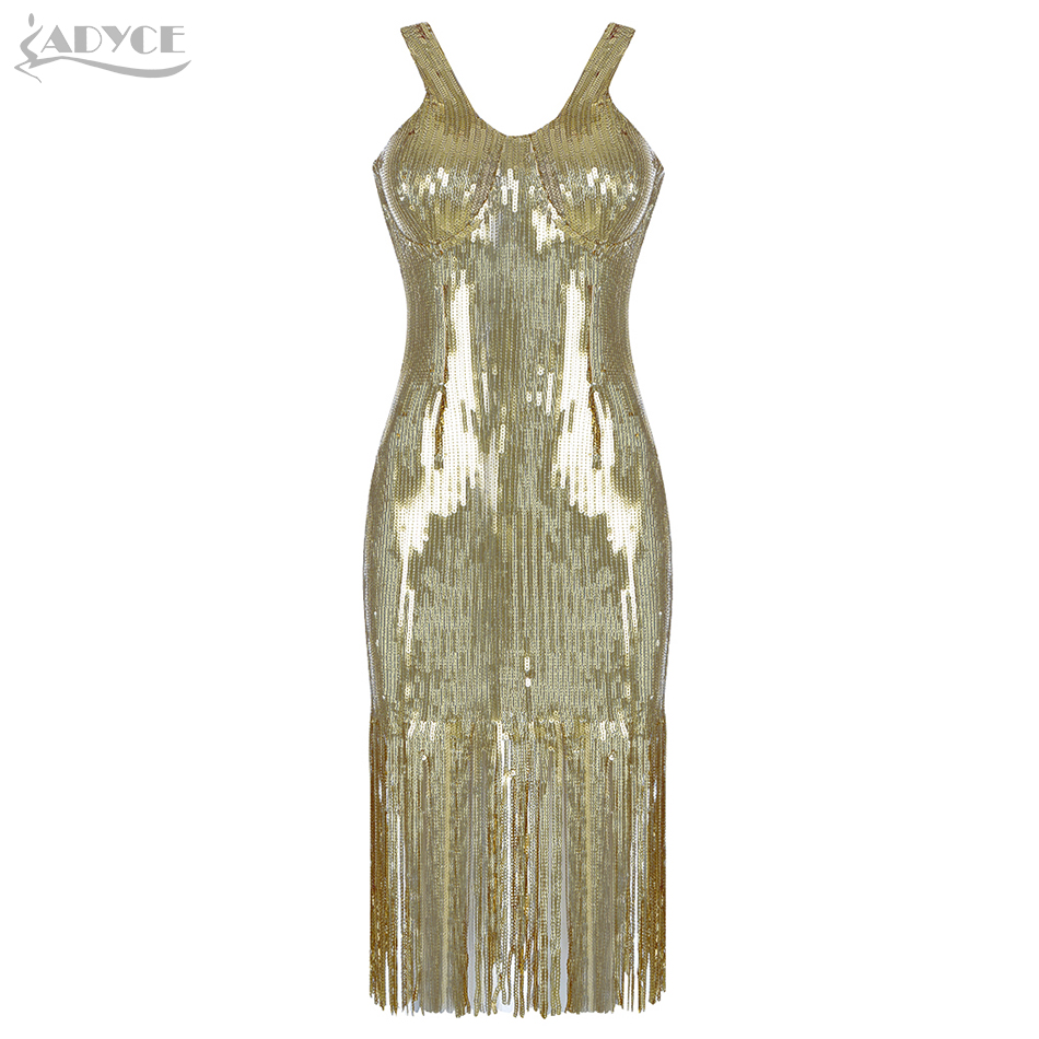   New Gold Sequined Celebrity Evening Runway Party Dress Sexy Sleeveeless Spaghetti Strap Fringe Club Dresses Vestidos