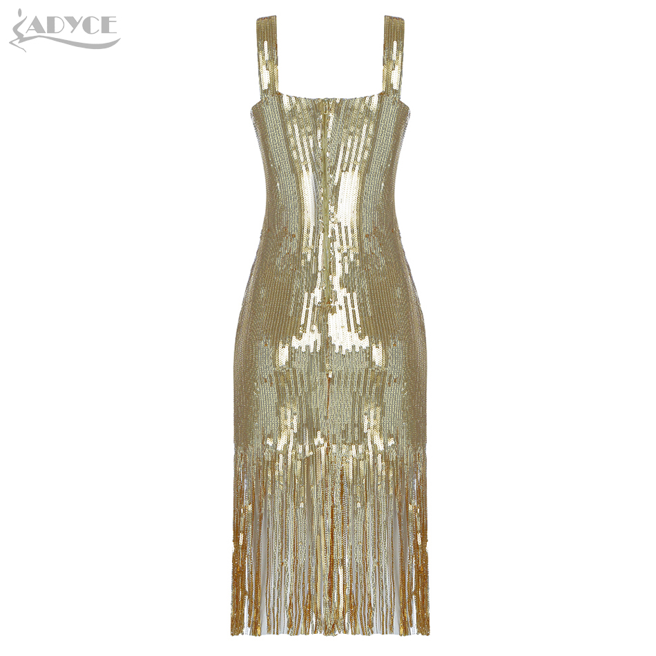   New Gold Sequined Celebrity Evening Runway Party Dress Sexy Sleeveeless Spaghetti Strap Fringe Club Dresses Vestidos