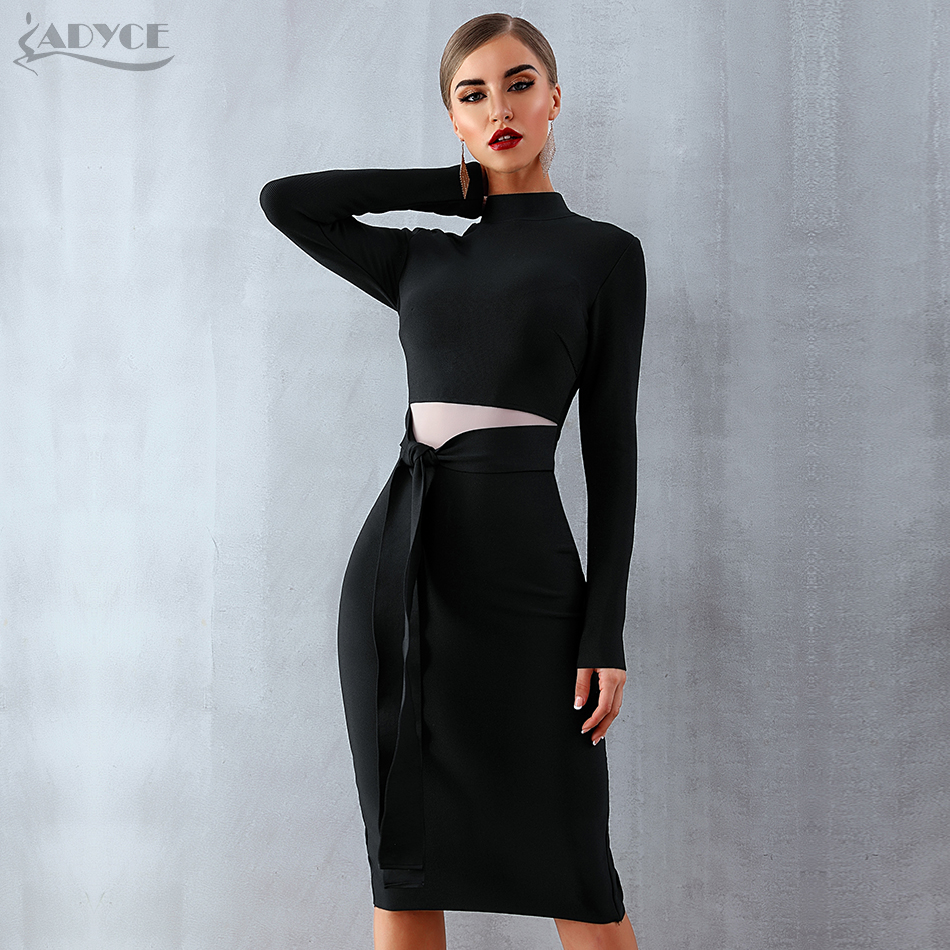  Women Bandage Dress  New Arrival Spring Black Long Sleeve Bow Bodycon Club Dress Celebrity Party Runway Dress Vestidos