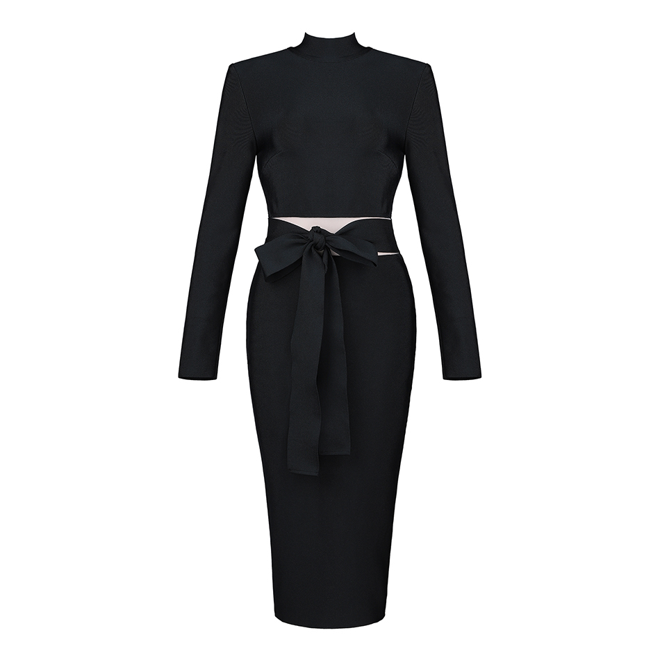  Women Bandage Dress  New Arrival Spring Black Long Sleeve Bow Bodycon Club Dress Celebrity Party Runway Dress Vestidos