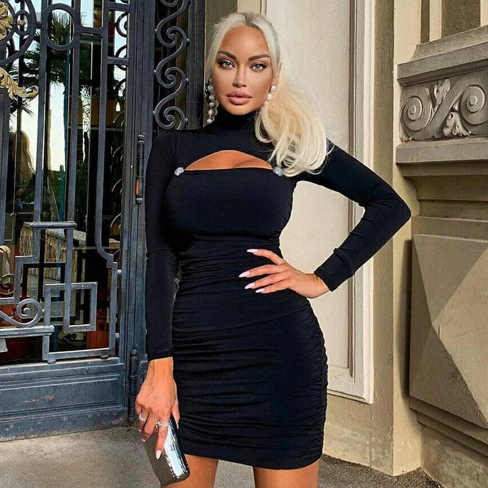   New Autumn Long Sleeve Women Bandage Dress Sexy Hollow Out Black Club Celebrity Evening Runway Party Dresses Vestidos