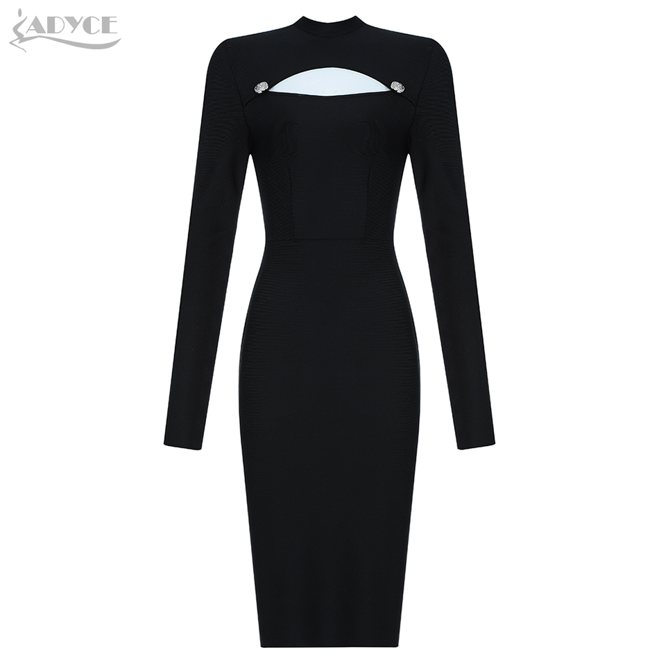   New Autumn Long Sleeve Women Bandage Dress Sexy Hollow Out Black Club Celebrity Evening Runway Party Dresses Vestidos