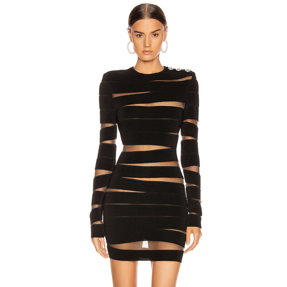   New Autumn Black Lace Bandage Dress Women Sexy Long Sleeve Hollow Out Club Mini Celebrity Evening Runway Party Dress