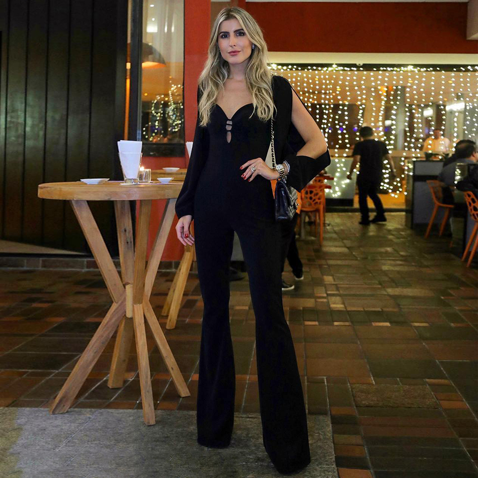   New Autumn Black Red Celebrity Evening Party Jumpsuit Rompers Sexy Hollow Out Long Sleeve Fashion Club Long Jumpsuits