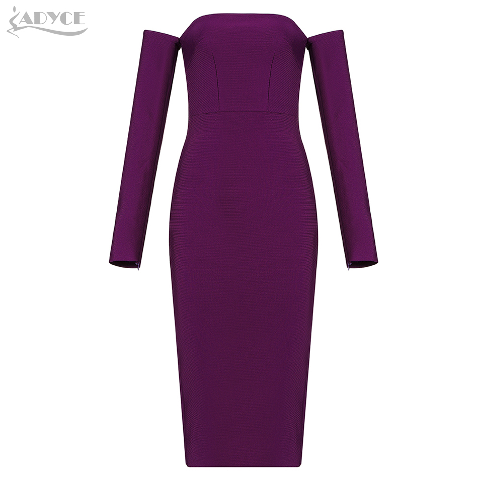   New Winter Long Sleeve Bodycon Bandage Dress Women Sexy Violet Off Shoulder Midi Club Celebrity Evening Party Dresses