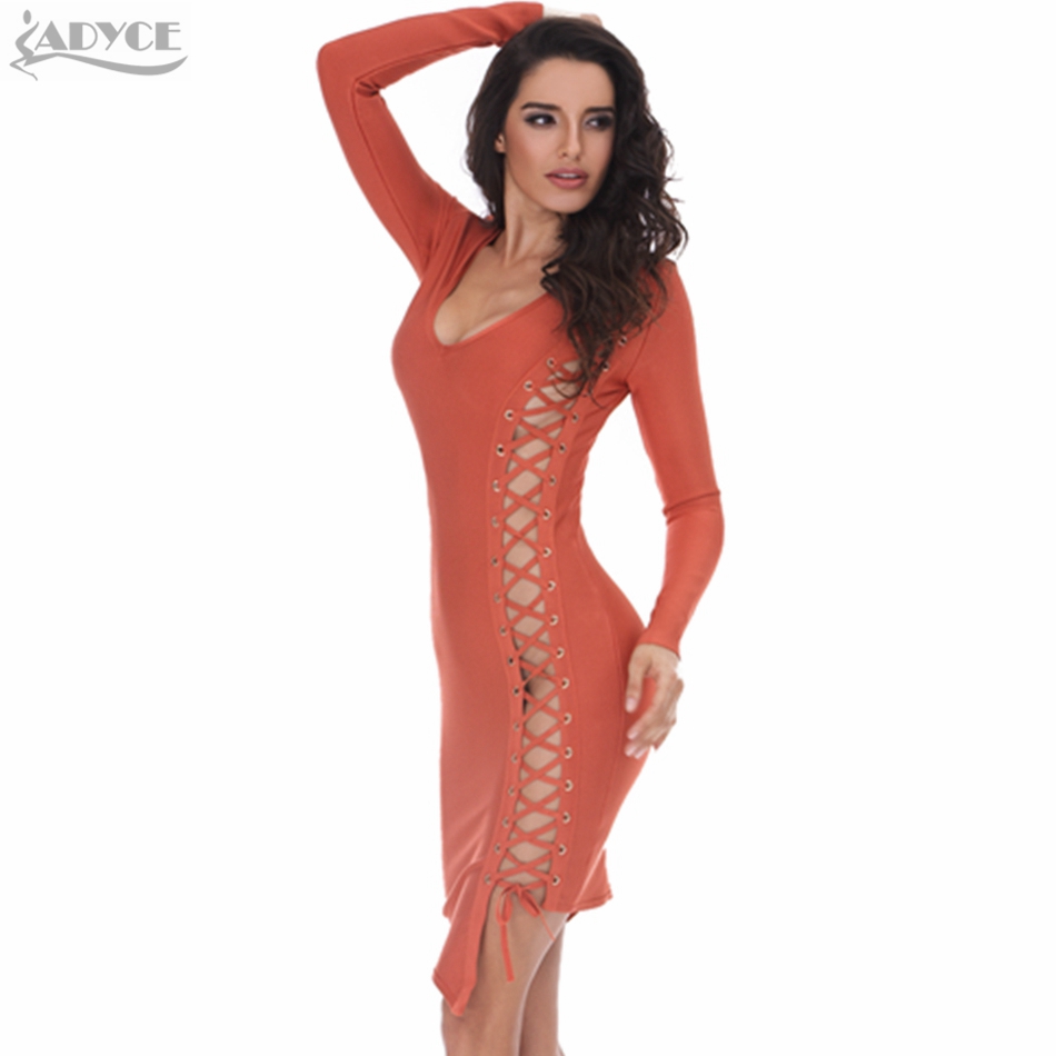   Autumn Women Orange Bandage Dress V-Neck Long Sleeve Hollow Out Elegant Celebrity Runway Bodycon Evening Party Dress