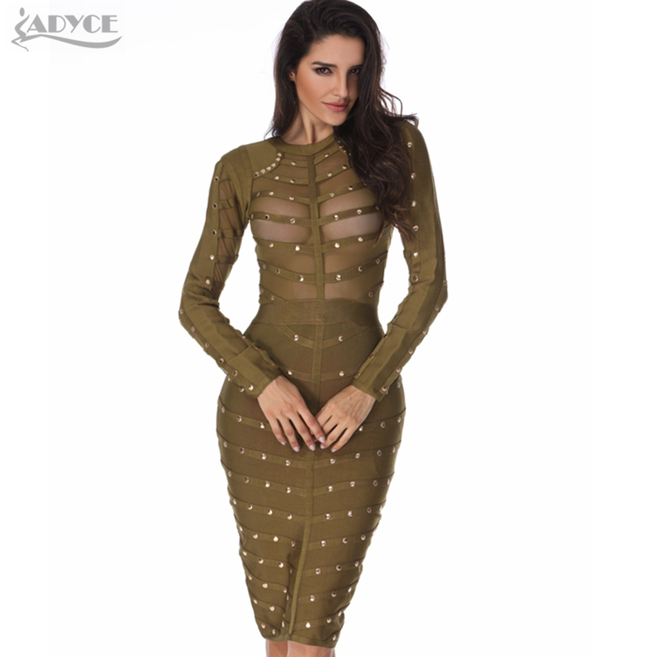 Wholesale  New Sexy Women Dress Mesh Studded Button Olive Red Black High Neck Bodycon Dress Celebrity Party Bandage Dresses