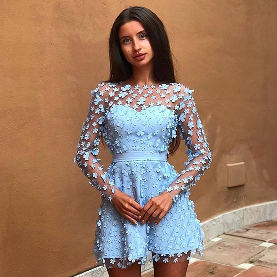   New Autumn Women Lace Celebrity Evening Party Dress Sexy Long Sleeve O Neck Floral Hollow Out Mini Club Dress Vestido