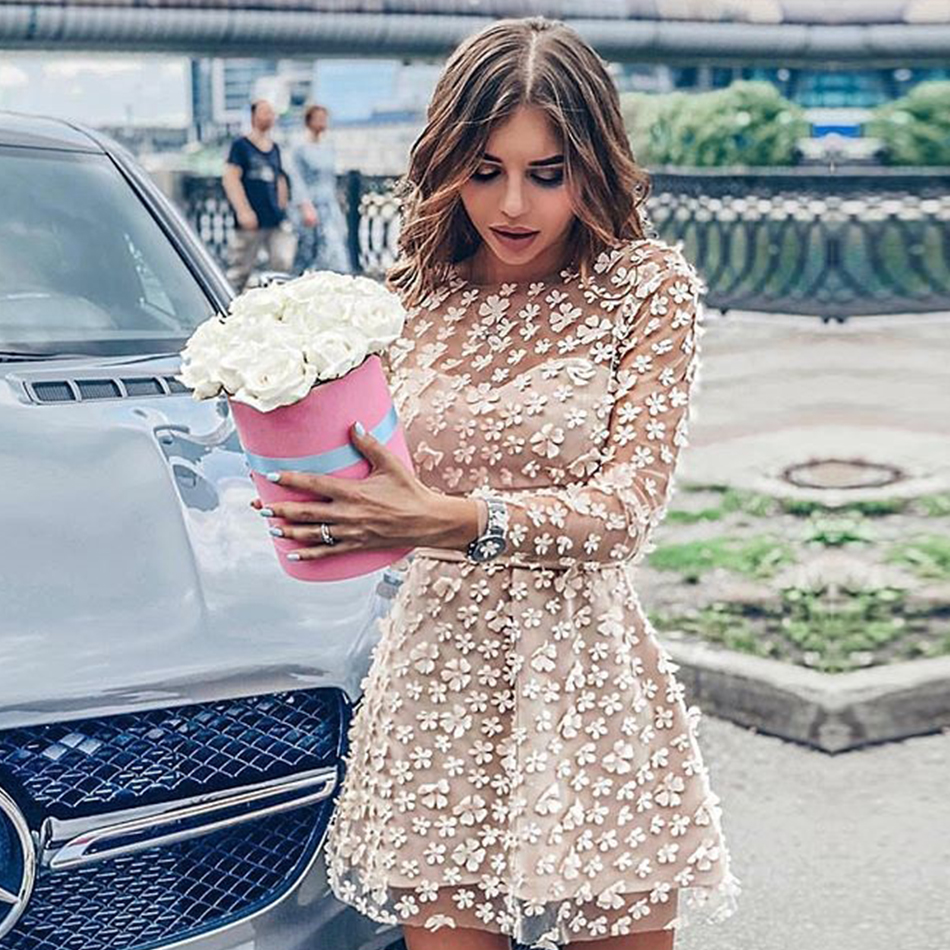   New Autumn Women Lace Celebrity Evening Party Dress Sexy Long Sleeve O Neck Floral Hollow Out Mini Club Dress Vestido