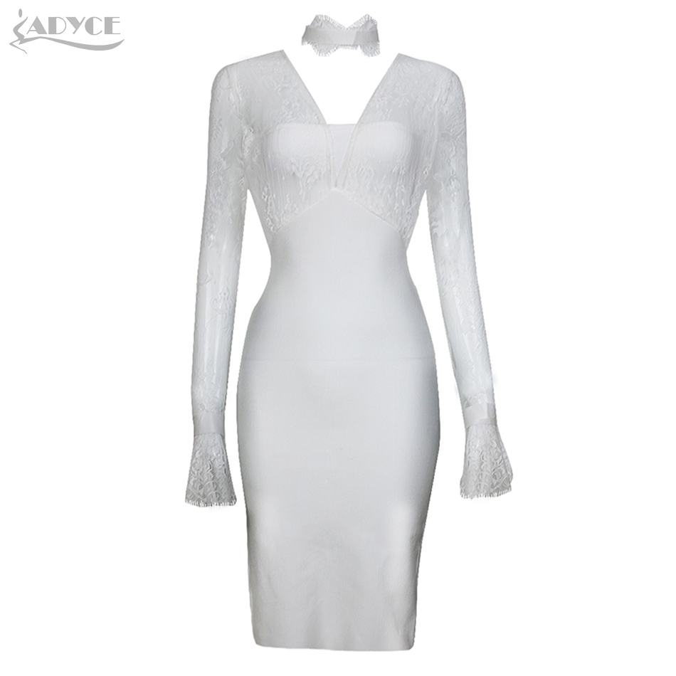   New Winter Long Sleeve Bodycon Lace Bandage Dress Women Hollow Out White Club Celebrity Evening Party Dress Vestidos