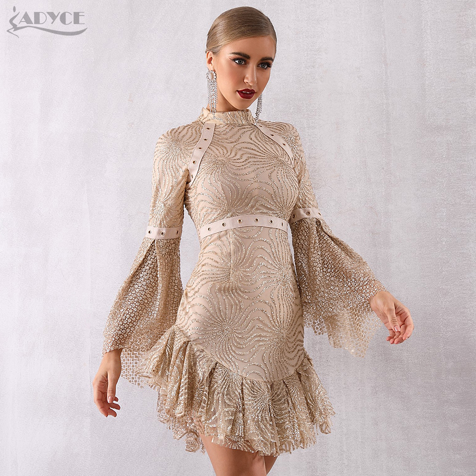   New Autumn Women Flare Sleeve Elegant Celebrity Evening Party Dress Vestido Sexy Long Sleeve Sequined Mini Club Dress