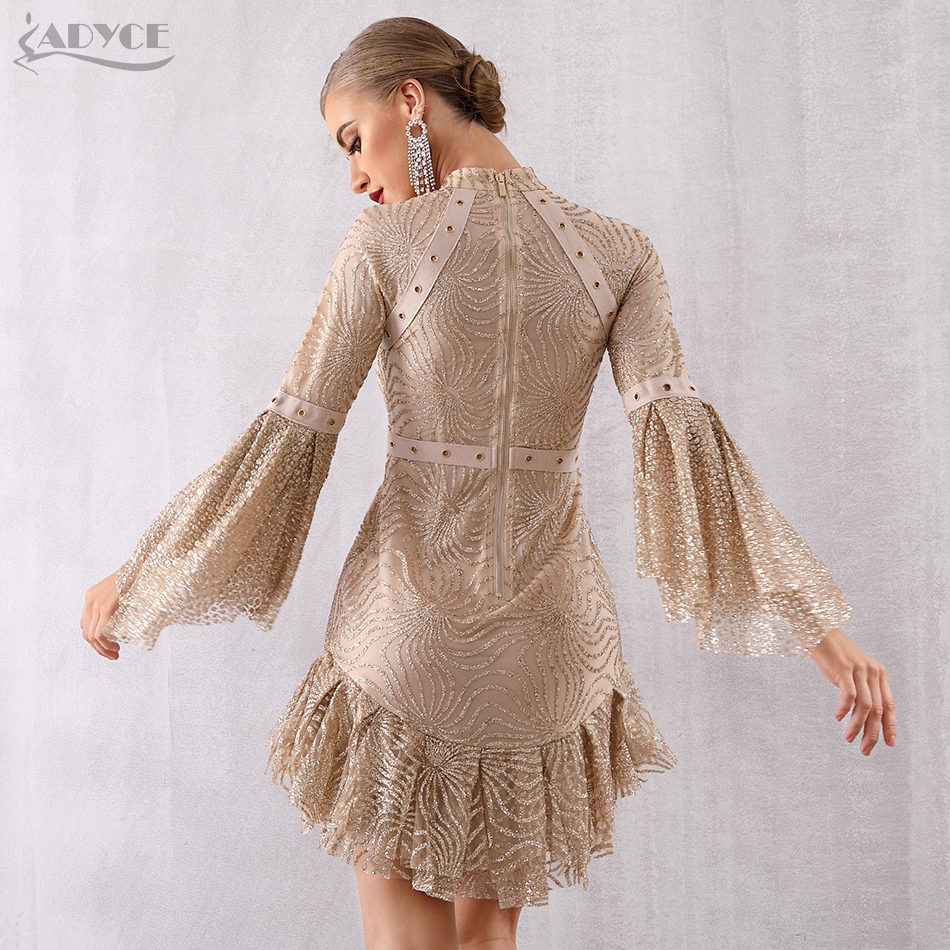   New Autumn Women Flare Sleeve Elegant Celebrity Evening Party Dress Vestido Sexy Long Sleeve Sequined Mini Club Dress