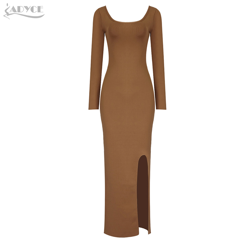   New Winter Women Bandage Dress Sexy Brown Long Maxi Split Club Dress Vestidos Elegant O Neck Celebrity Party Dresses