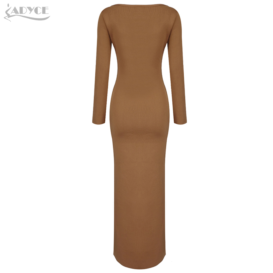   New Winter Women Bandage Dress Sexy Brown Long Maxi Split Club Dress Vestidos Elegant O Neck Celebrity Party Dresses