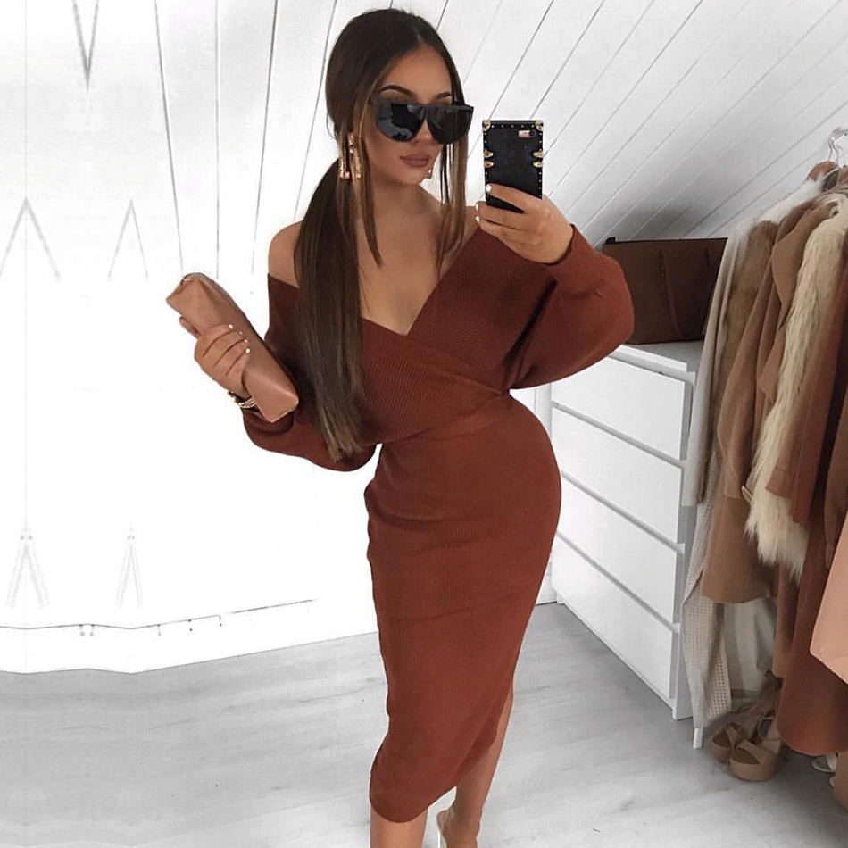   New Autumn Long Sleeve Bandage Dress Women Sexy Off Shoulder Solid Bodycon Club Celebrity Evening Party Dress Vestido