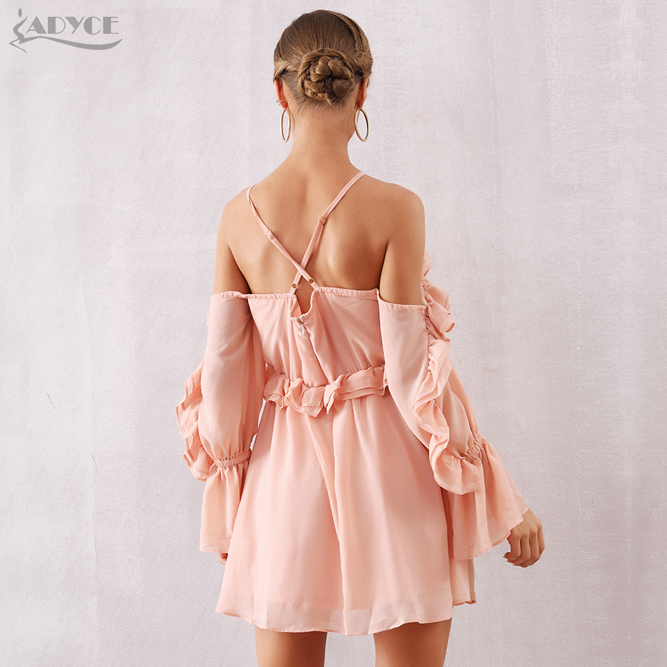   New Autum Women Ruffles Celebrity Evening Party Dress Sexy Hollow Out Off Shoulder Mini Spaghetti Strap Club Dresses