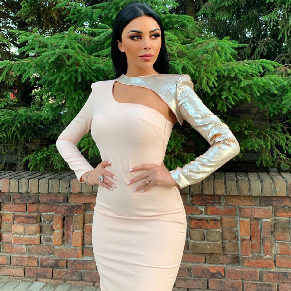  New Autumn Sequined Long Sleeve Bandage Dress Women Sexy Hollow Out Bodycon Club Celebrity Evening Party Dresses Vestidos