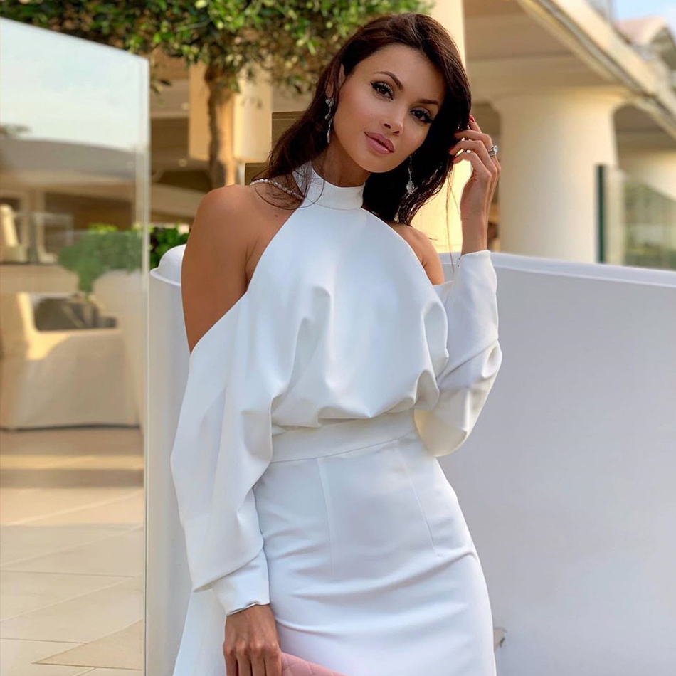  New Summer White Backless Bandage Dress Women Sexy Pearls Chain Club Off Shoulder Celebrity Evening Party Dress Vestidos