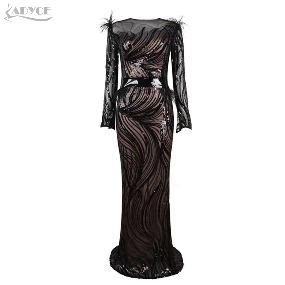   New Women Spring Celebrity Evening Party Dress  Feathers Bodycon Club Dress Vestido Sexy Black Long Sleeve Maxi dress