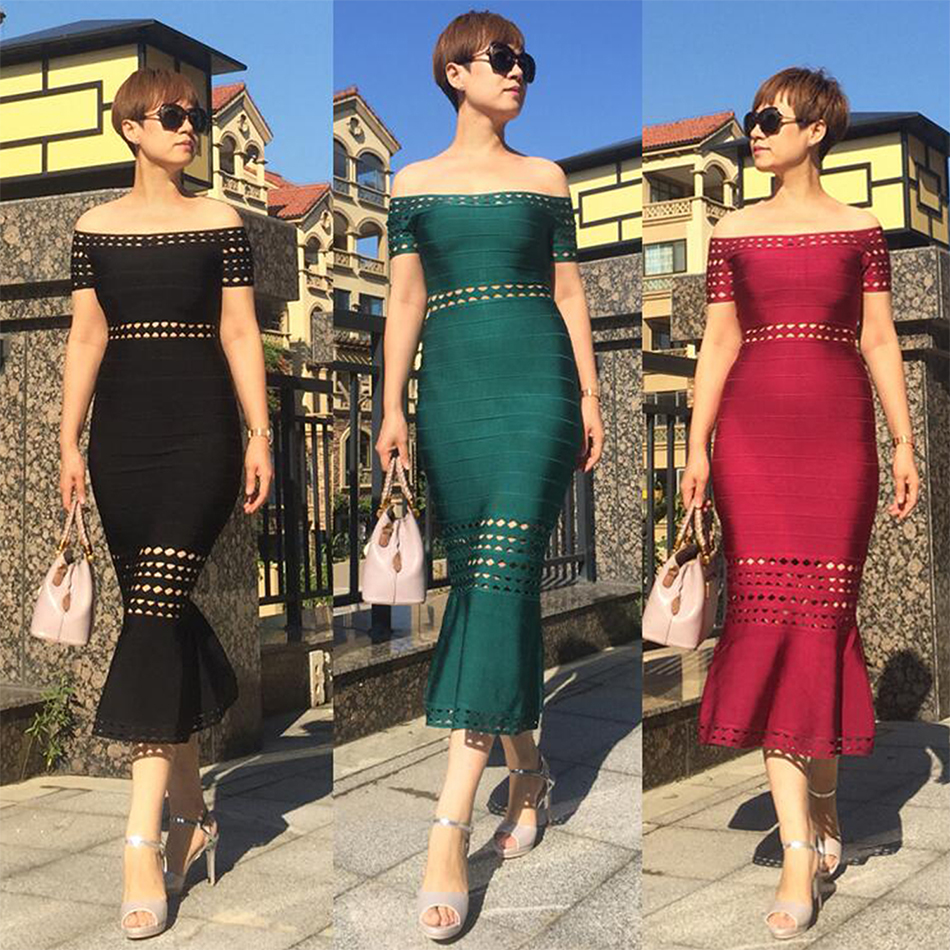   New Summer Black Bandage Dress Women Sexy Off the Shoulder Midi Wine Red Green Celebrity Party Club Dress Vestidos