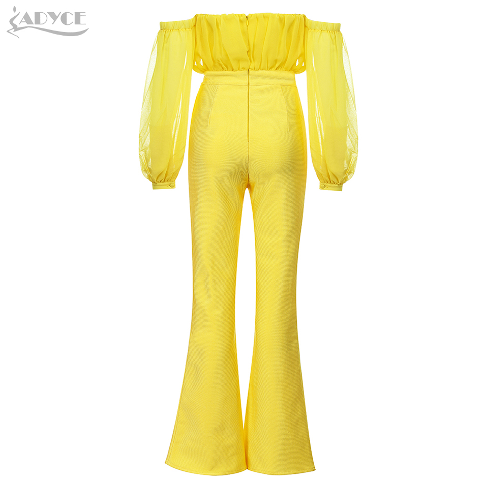   New Autumn Off Shoulder Yellow Bandage Jumpsuit Sexy Long Sleeve Bodycon Club Celebrity Evening Party Jumpsuit Romper