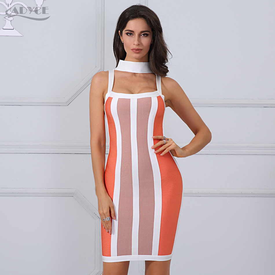   New Summer Women Striped Bandage Dress Halter Sleeveless Knee-Length Clubwears Celebrity Evening Party DressVestidos