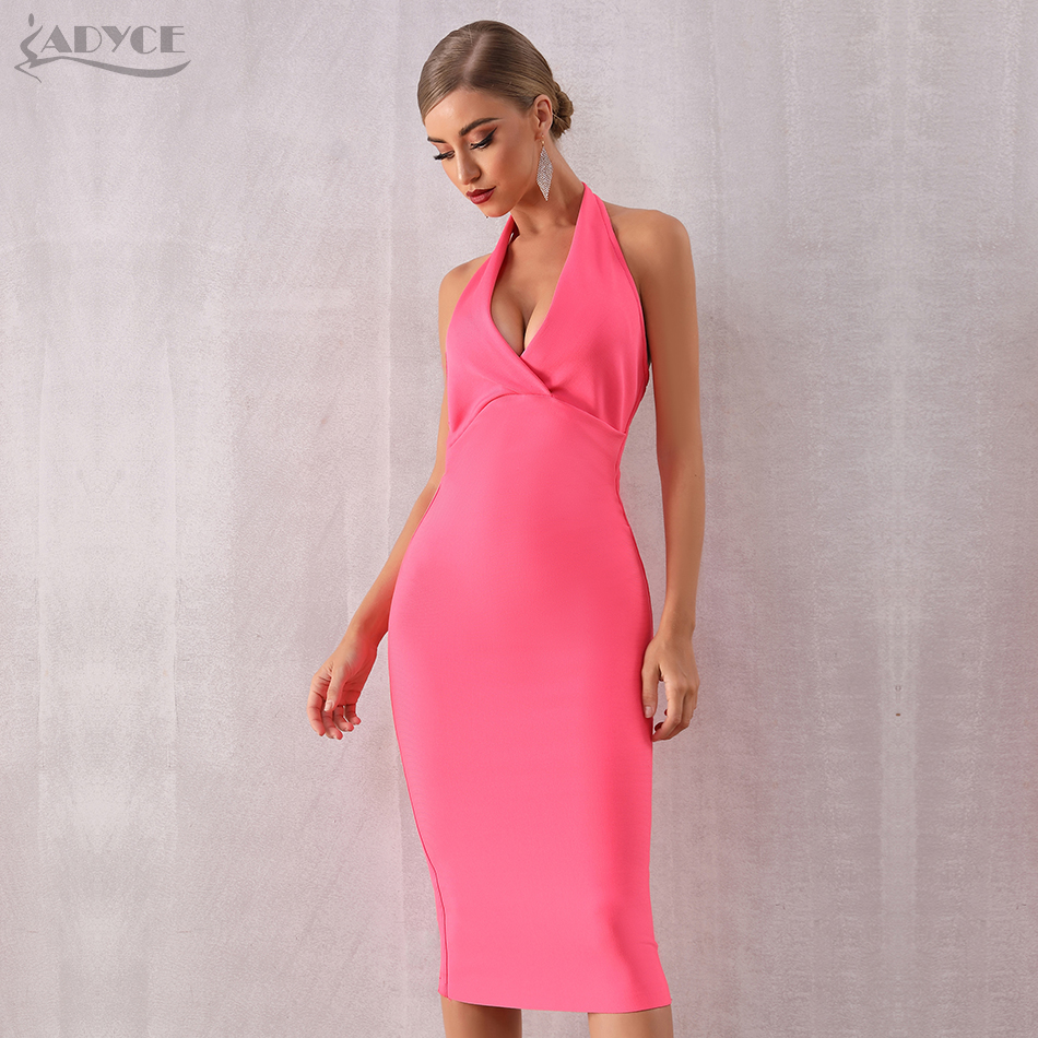   New Summer Women Bodycon Bandage Dress Sexy Halter V Neck Backless Club Dress Celebrity Evening Runway Party Dresses