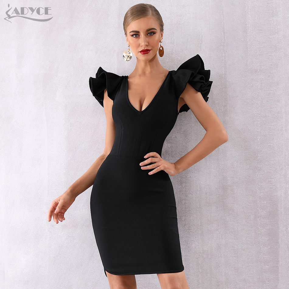   New Arrive Summer Women Celebrity Party Dress Vestido Sexy Black Ruffles Butterfly Sleeve Deep V Bodycon Club Dresses