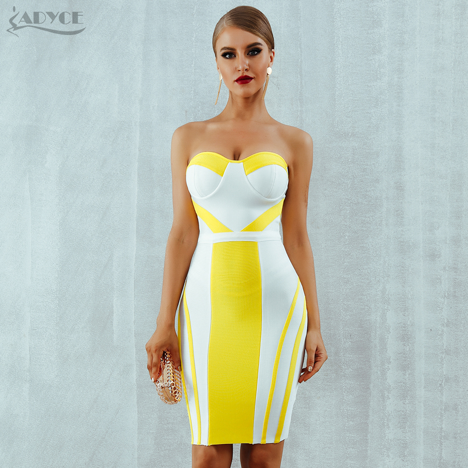  Bodycon Bandage Dress Women Vestidos Verano  New Summer Strapless Yellow&White Color Clubwears Celebrity Party Dresses