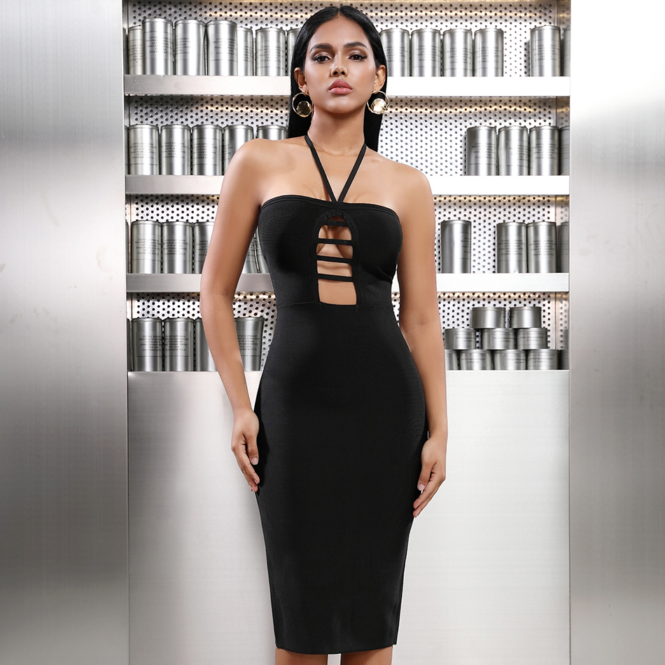   New Summer Women Strapless Bandage Dress Sexy Halter Hollow Out Black Bodycon Club Midi Celebrity Evening Party Dress