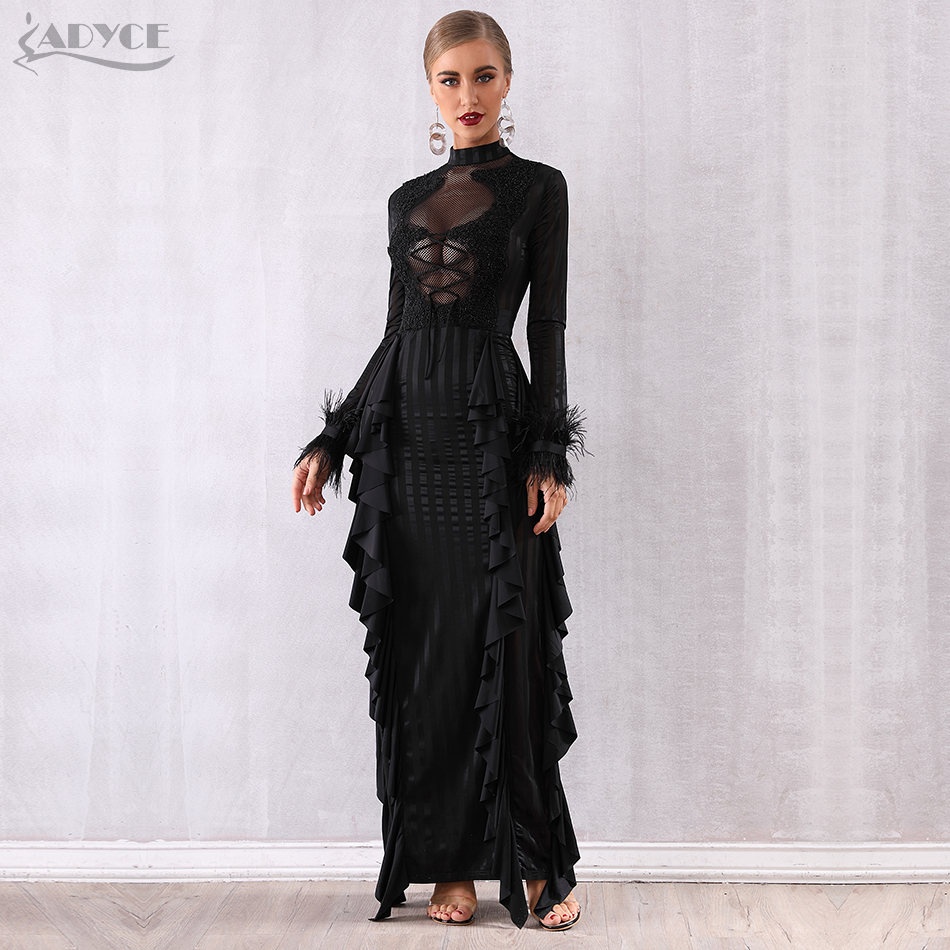  Maxi Women Ruffles Bodycon Celebrity Party Dress Vestidos Verano  Sexy Long Sleeve Lace Pearls Lace Feather Club Dress