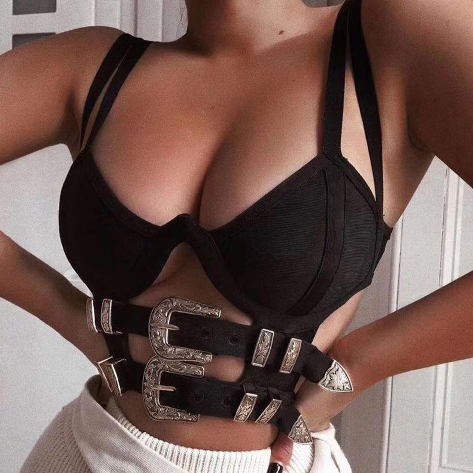   New Summer Women Hollow Out Bandage Top Solid Sexy Hollow Out Tight Lady Sleeveless Black Metal Button Crop Tops