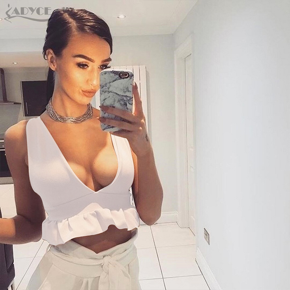   New Summer Sexy Women Bandage Tank Tops Celebrity Runway Short Top Vest V-Neck Ruffles Luxury Evening Party Women Top