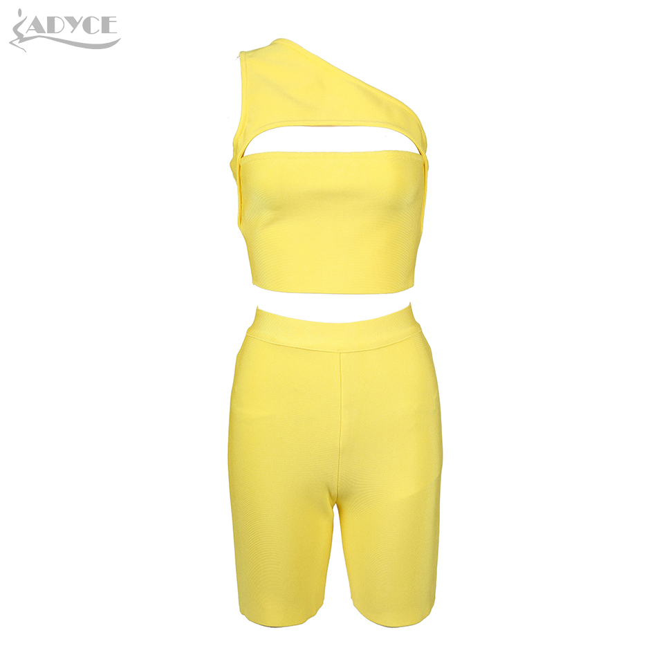  New Summer One Shoulder Short Top& Pants Solid Bandage Two Pieces Sets Women Fashion Yellow Hollow Out Casual BodyCon Sets