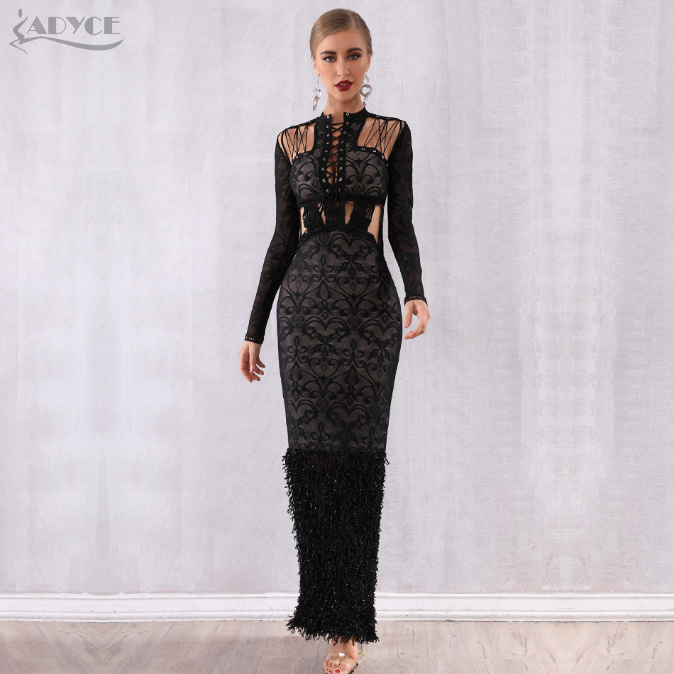   New Winter Women Bandage Dress Sexy Black Lace Hollow Out Mermaid Club Dress Celebrity Evening Party Dresses Vestido
