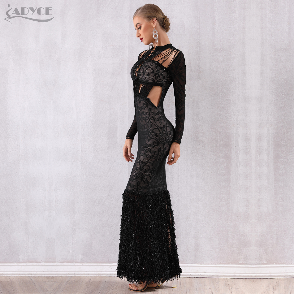   New Winter Women Bandage Dress Sexy Black Lace Hollow Out Mermaid Club Dress Celebrity Evening Party Dresses Vestido