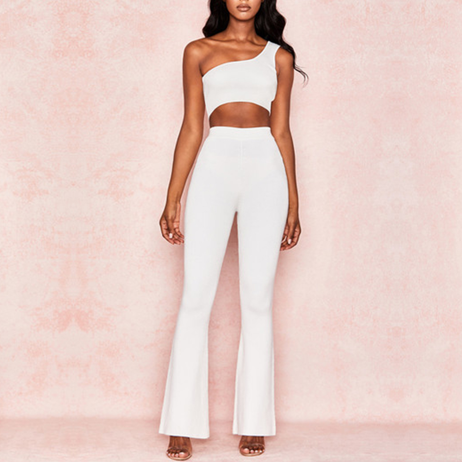   New Summer Women Club Bandage Set White Top&Pant 2 Two Pieces Set One Shoulder Sleeveless Celebrity Evening Party Set