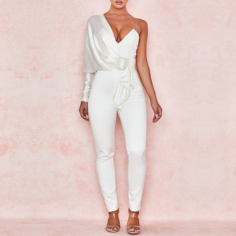   New Autumn White One Shoulder Celebrity Evening Party Jumpsuit Romper Sexy V Neck Sash Long Sleeve Skinny Club Romper
