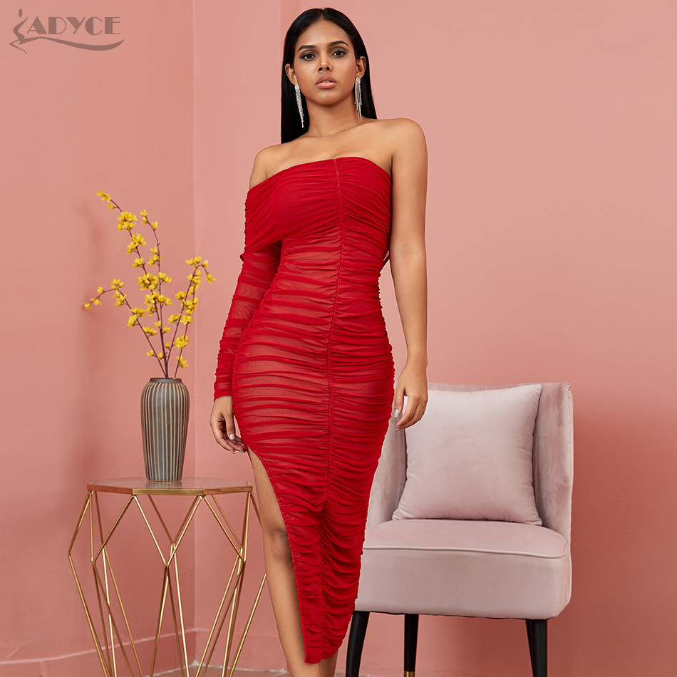   New Autumn Red Off Shoulder Long Sleeve Club Bandage Dress Women Sexy Lace Midi Celebrity Evening Runway Party Dress