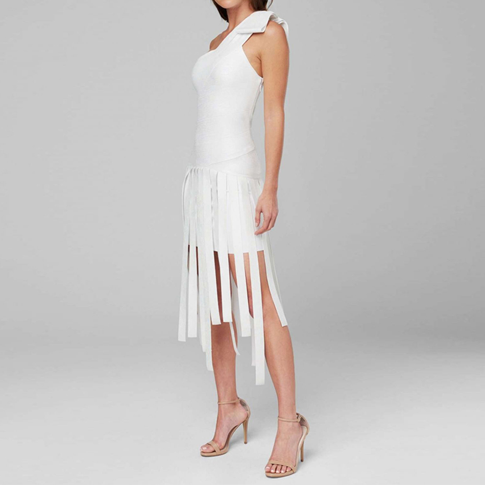  New Summer Bodycon Tassel Bandage Dress Women Vestidos Sexy Elegant White One Shoulder Fringe Celebrity Party Dresses