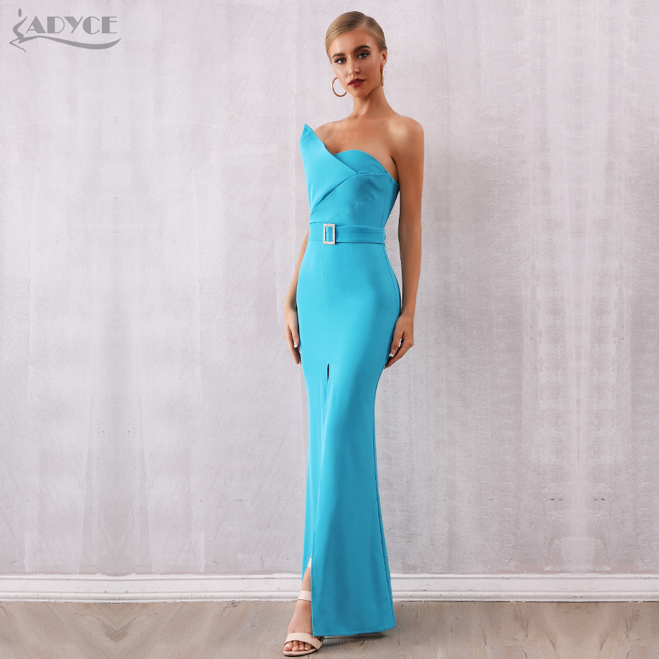   New Maxi Sexy One Shoulder Long Celebrity Evening Party Dress Sexy Sleeveless Sashes Solid Blue Night Out Club Dress