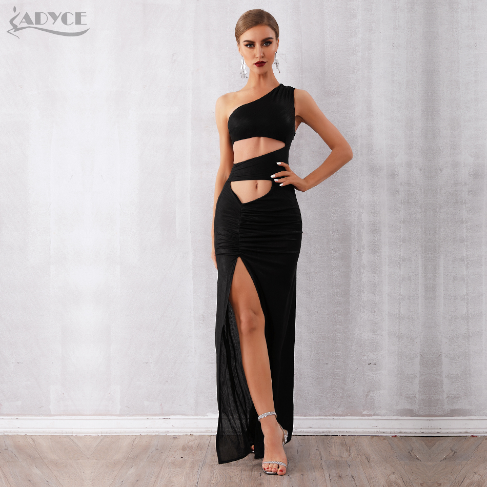   New Summer Women Celebrity Evening Party Dress Vestidos Sexy Black Hollow Out One Shoulder Sleeveless Maxi Club Dress