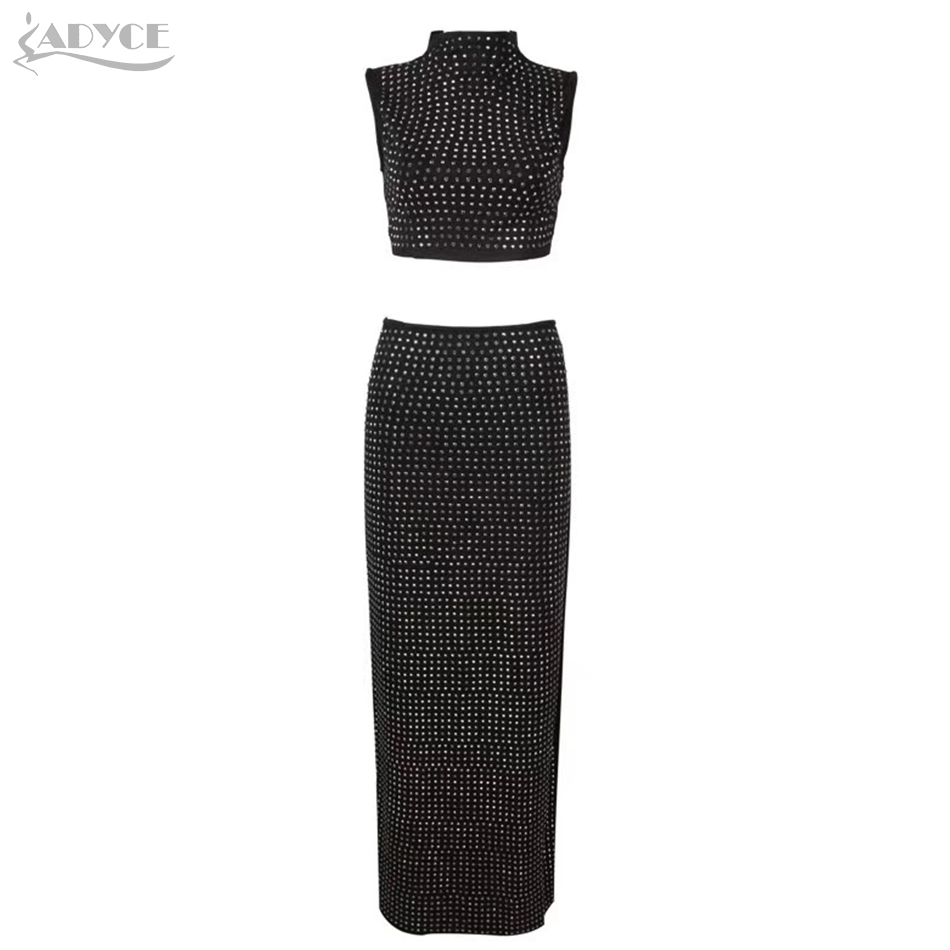   New Summer Luxury Beading Club 2 Two Pieces Sets Sexy Sleeveless Top&amp;Skirts Black Celebrity Evening Runway Party Sets