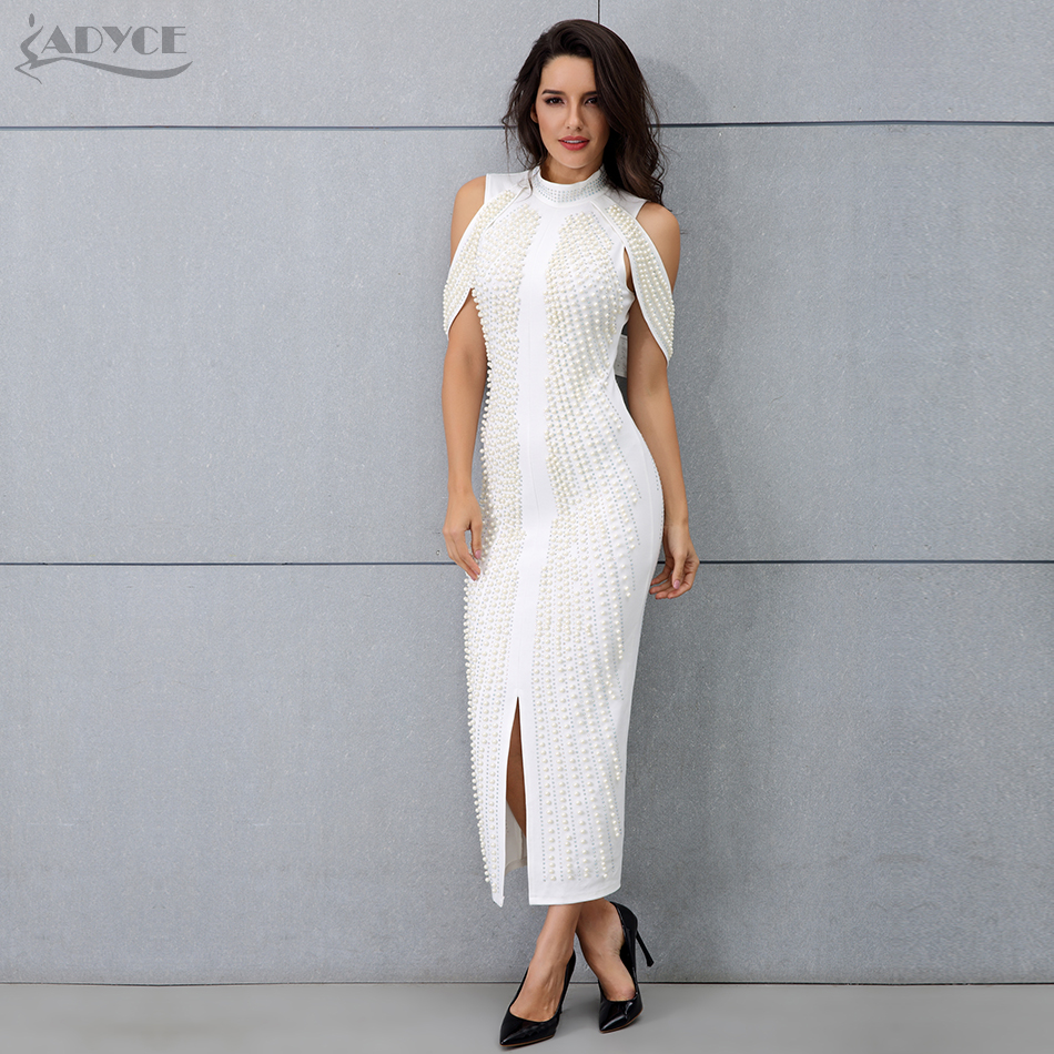   New Celebrity Evening Party Dress Women Sexy Beadings Short Sleeve Off Shoulder Mid-Calf Runway Bodycon Club Dresses