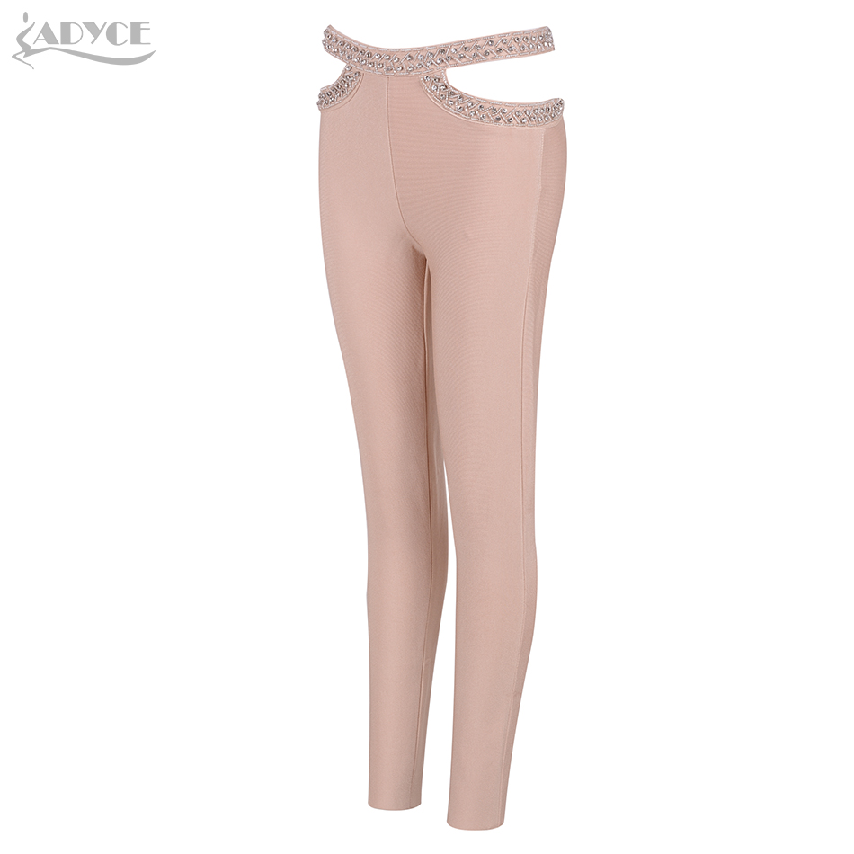   New Summer Women Pencil Pants Black Apricot Diamonds Studded Hollow Out Trousers Celebrity Party Luxury Bandage Pants