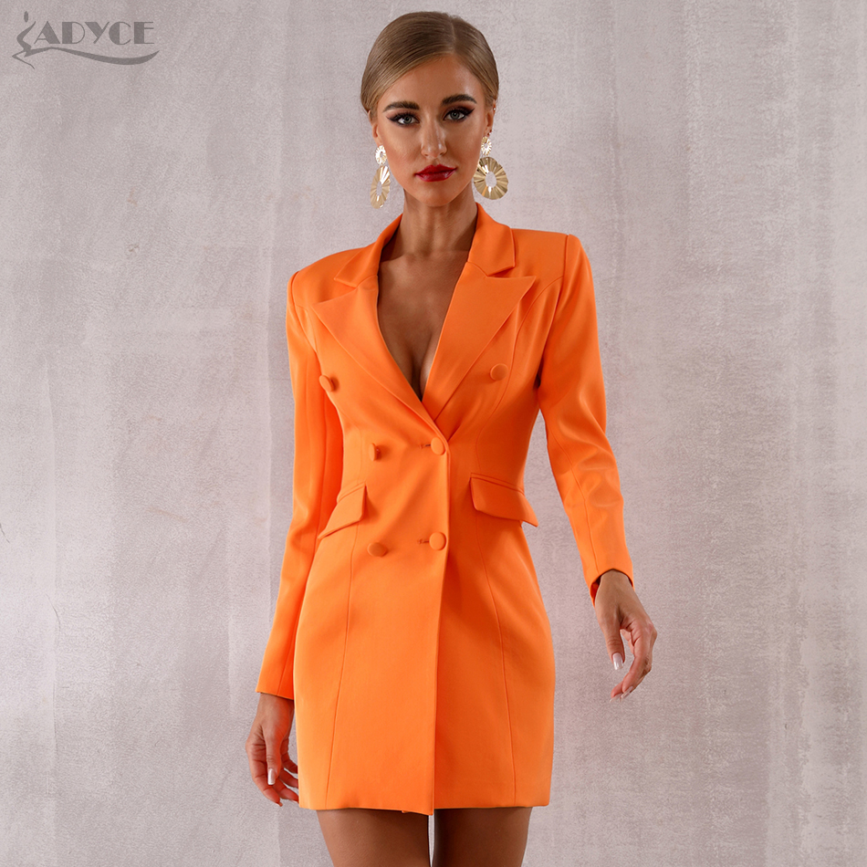   New Summer Women Slim Trench Coats Orange Deep V-Neck Double Breasted Coat Long Sleeve Solid Female Fashion Club Coat