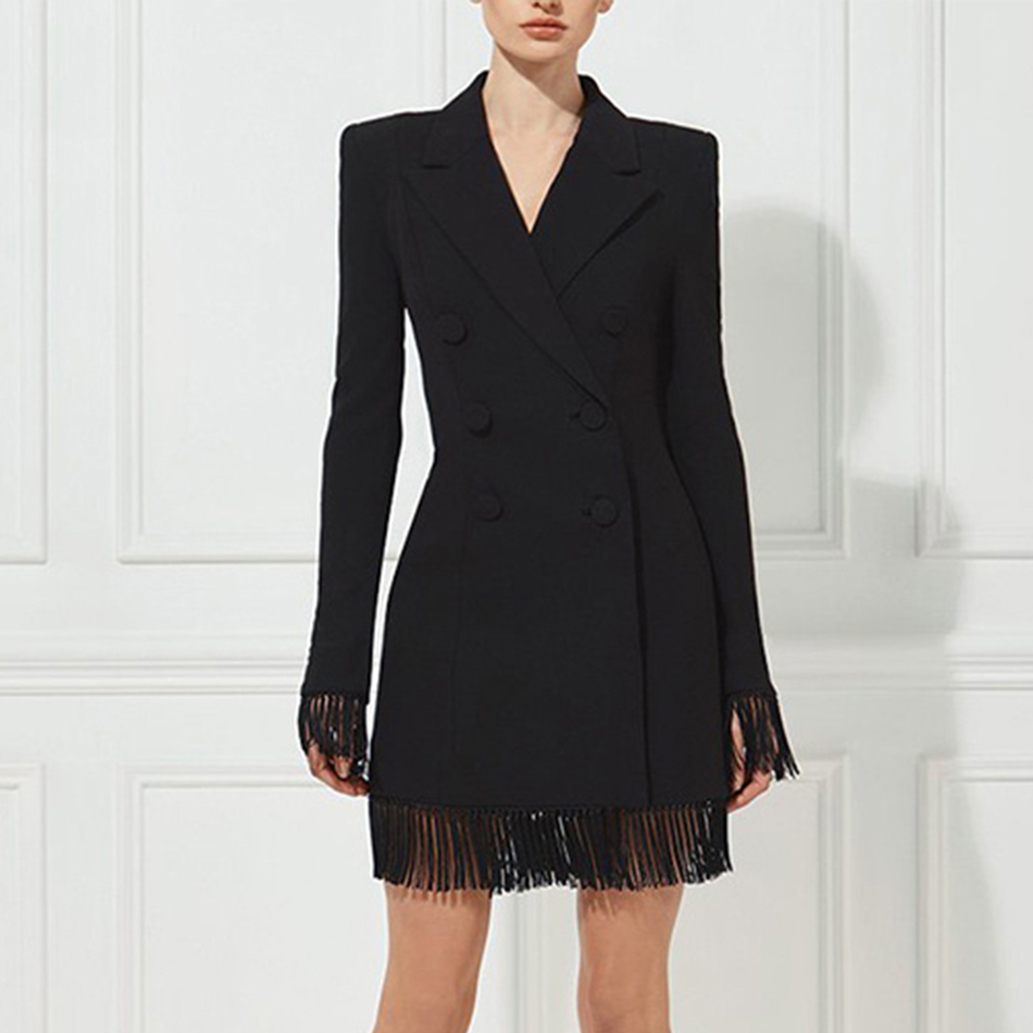   New Summer Women Slim Trench Coats Black Deep V-Neck Double Breasted Coats Long Sleeve Tassel Fashion Club Coats